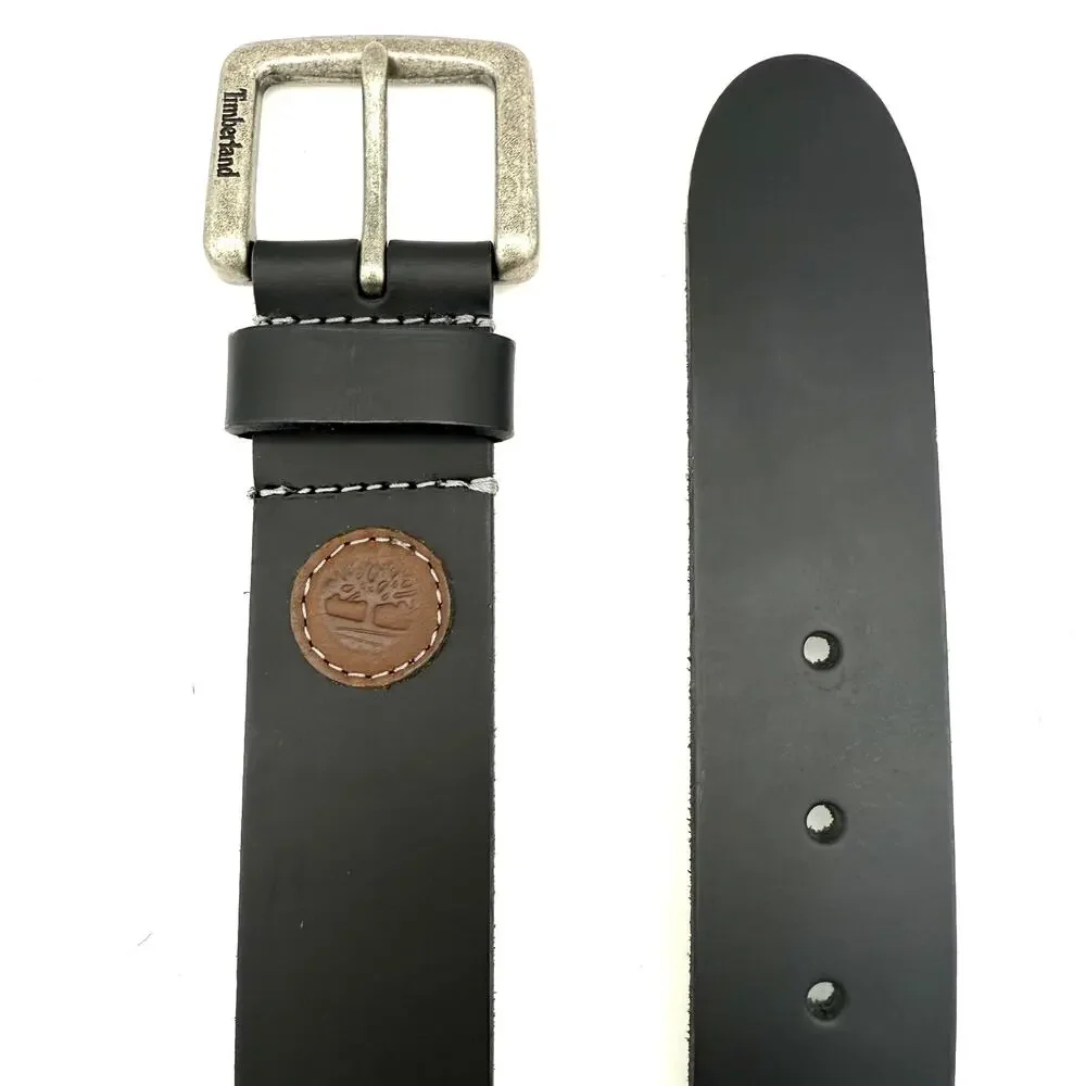 Timberland Men's Black Leather Belt Size 36 Logo Patch Distressed Buckle